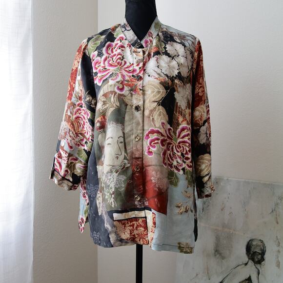 Citron Tops - Citron Santa Monica Japanese Geisha and Floral Origami Cupro Tunic Blouse size S
